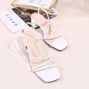 Faux leather strappy open toe block heels